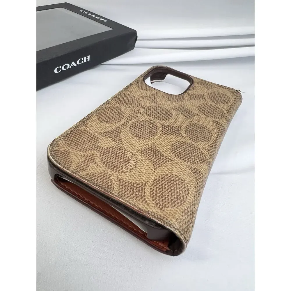 Coach 2024 iPhone 16 Folio Wallet Case Signature C Khaki Tan - Box Included